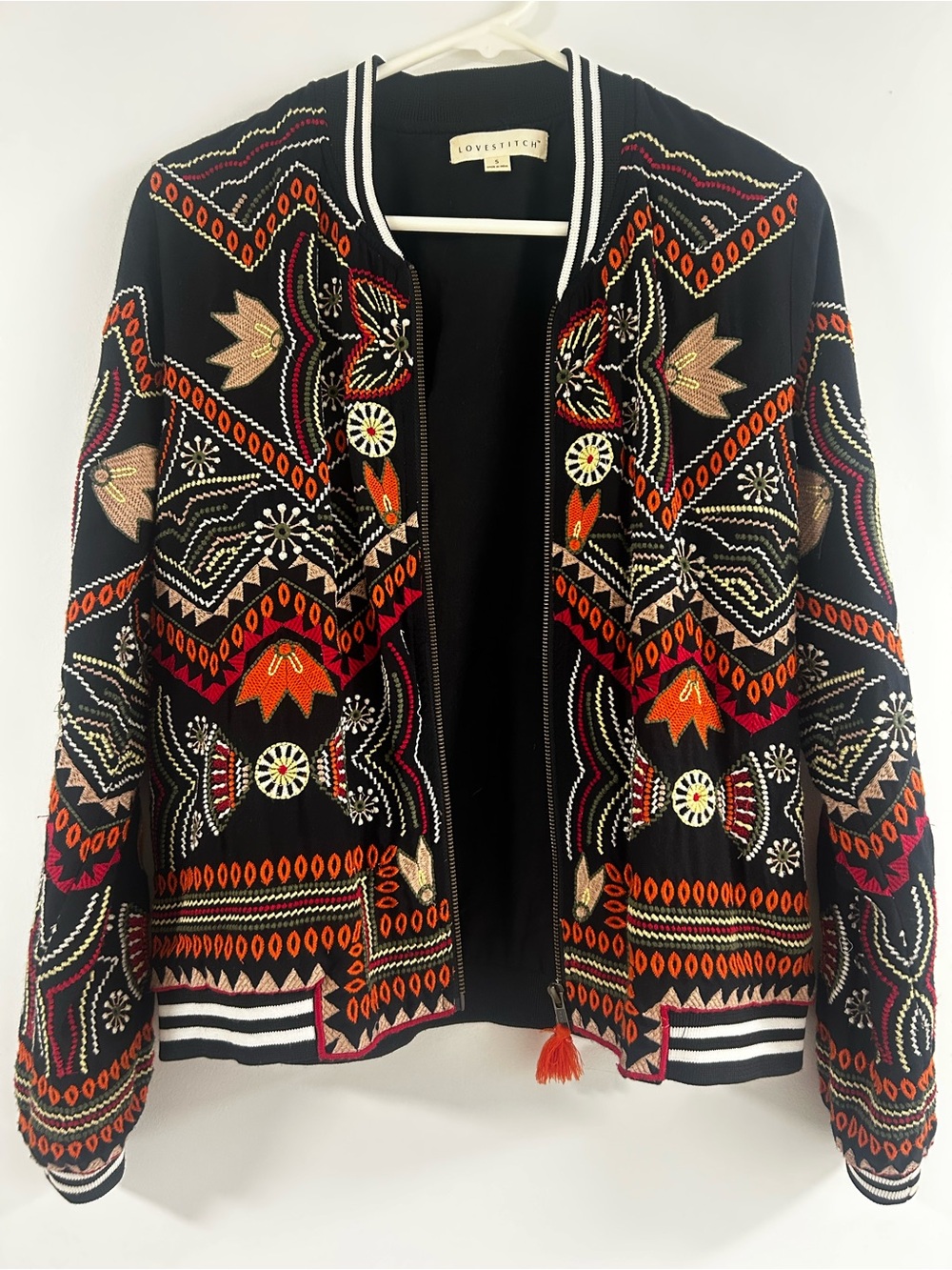 lovestitch Black Embroidered Varsity Jacket with Multicolor Stitching